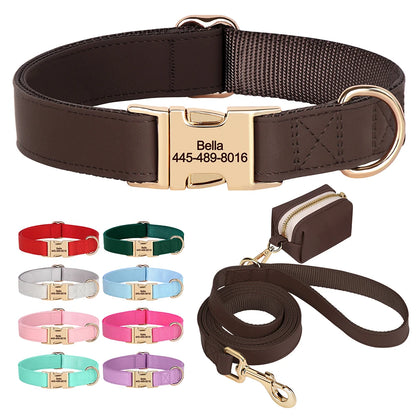 Personalized Dog Collar Leash Bag Set Custom PU Leather Dog Collars Colorful Pet Necklace With Leashes Poop Bag for Dogs Pug