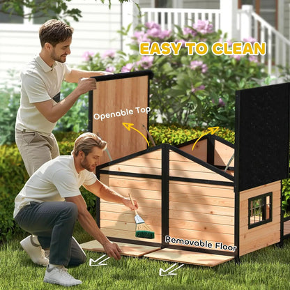 Dog House Outdoor, Wooden Dog Kennel Weatherproof with Porch, Openable Roof, Removable Bottom, Elevated Floor, Double Roo