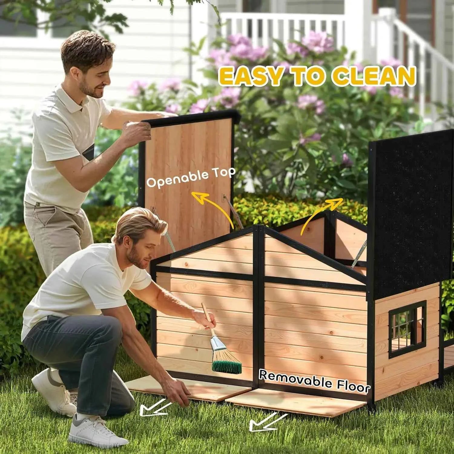 Dog House Outdoor, Wooden Dog Kennel Weatherproof with Porch, Openable Roof, Removable Bottom, Elevated Floor, Double Roo