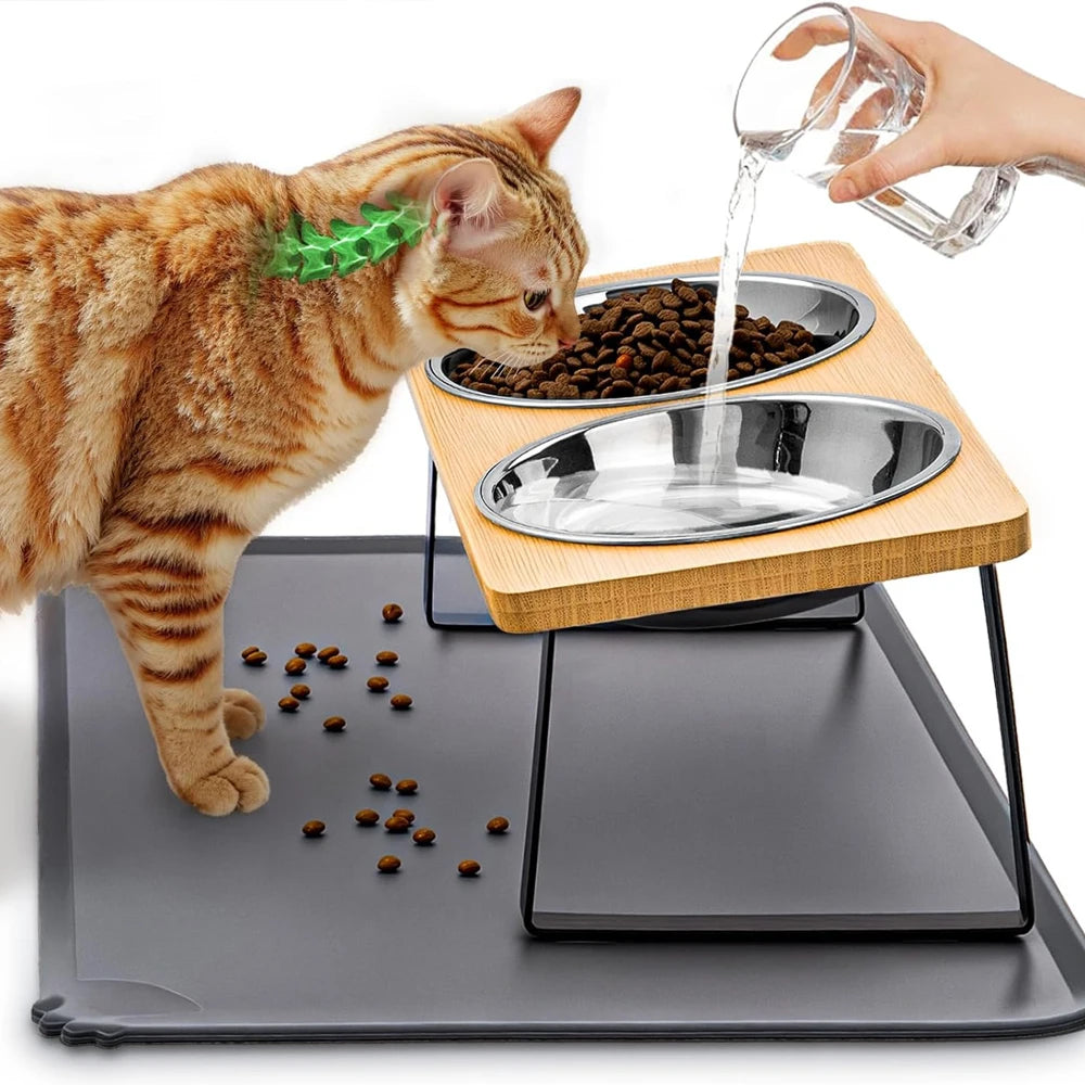 Elevated Cat Bowls with Food Mat 15° Tilted Stand Anti Vomiting Raised Cat Dishes with Silicone Pad for Food and Water for Cats