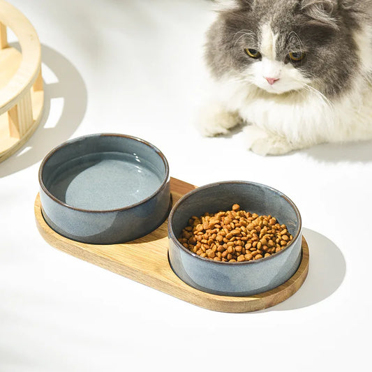 Dog Bowl Ceramic Matte Pet Bowl Cervical Spine Protector Anti Knock Over Wooden Tray Pet Feeding Supplies Cat Accessories - Pet Suppie