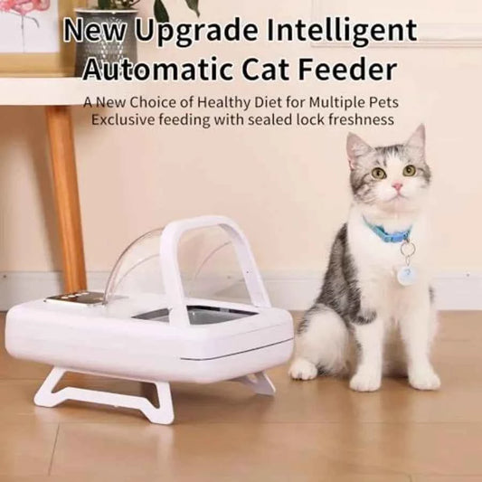 Automatic Cat Feeder with RFID Collar Sensor for 134.2kHz 15-Digit Pet Chip ID White ABS Plastic Anti-Food-Grabbing Design for