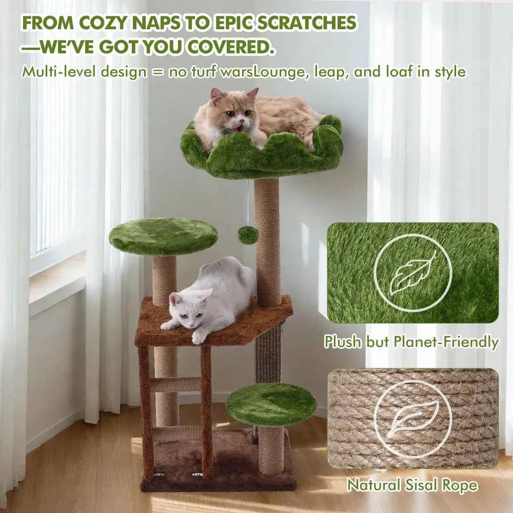 Medium Cat Tree: Green Staircase Multi-Tier Cat Tower with Scratching Post and Cozy Perch Cat Climbing Frame