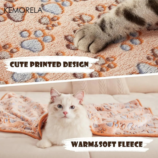 KEMORELA 3PCS Blankets Super Soft Fluffy Premium Fleece Pet Blanket Flannel Throw for Dog Puppy Cat Paw Brown Pink White