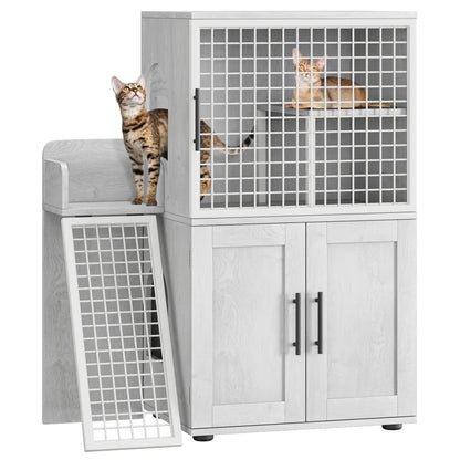 Cat Litter Box Enclosure with Platform,Double Layer Cat Litter Hidden Furniture,Cat Washroom Furniture,Cat House with Ladder