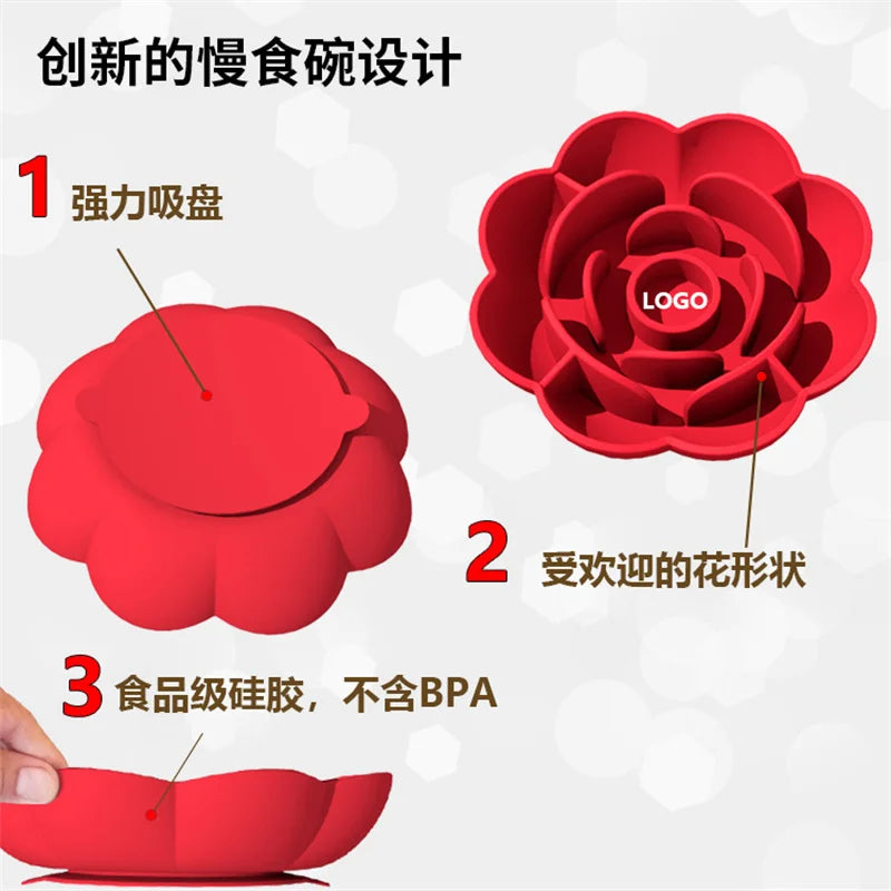 Pet Supplies Silicone Slow Food Bowl Rose Shape Dog Bowl Cat Anti-Choking and Anti-Knocking Food Bowl with Suction Cup