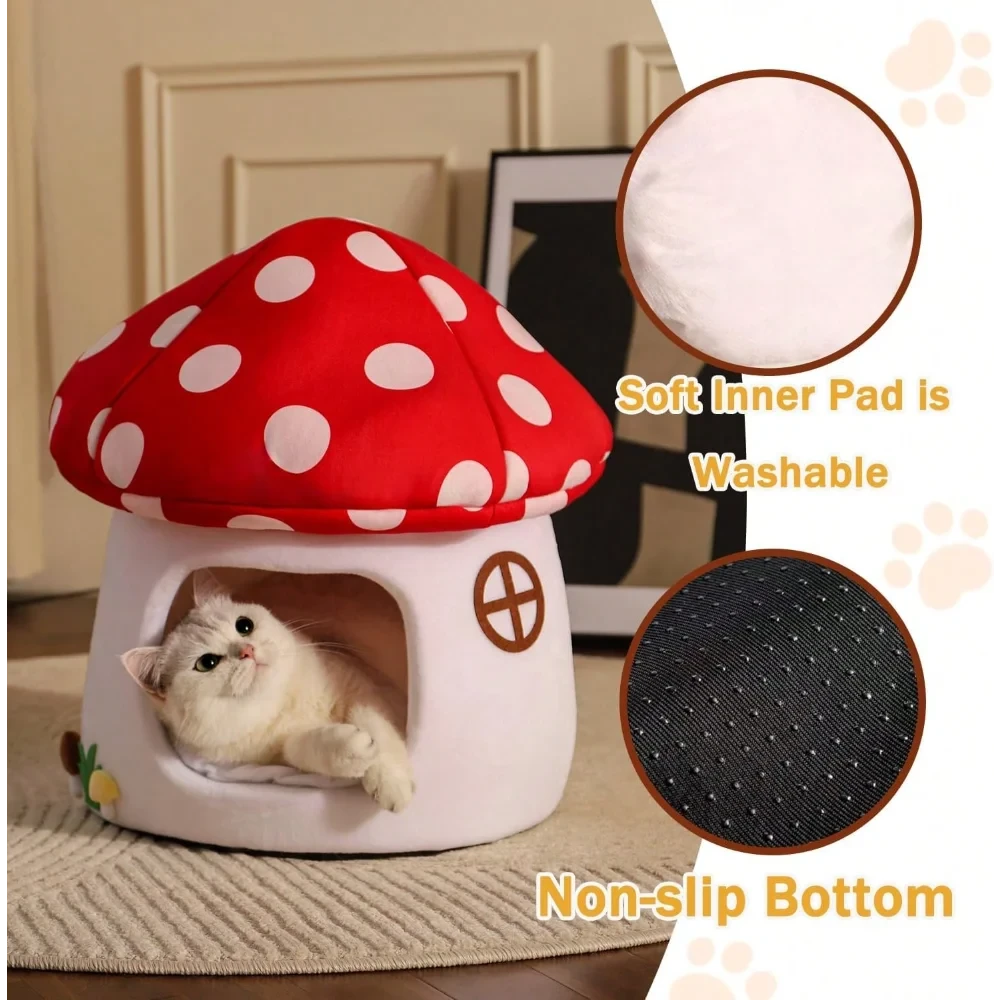 Soft Mushroom Cat Bed House with Cow Print, Semi-Enclosed Plush Cave Nest with Washable Cushion for Cats and Small Dogs