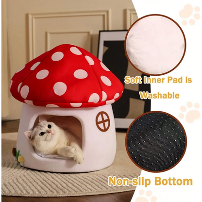 Soft Mushroom Cat Bed House with Cow Print, Semi-Enclosed Plush Cave Nest with Washable Cushion for Cats and Small Dogs