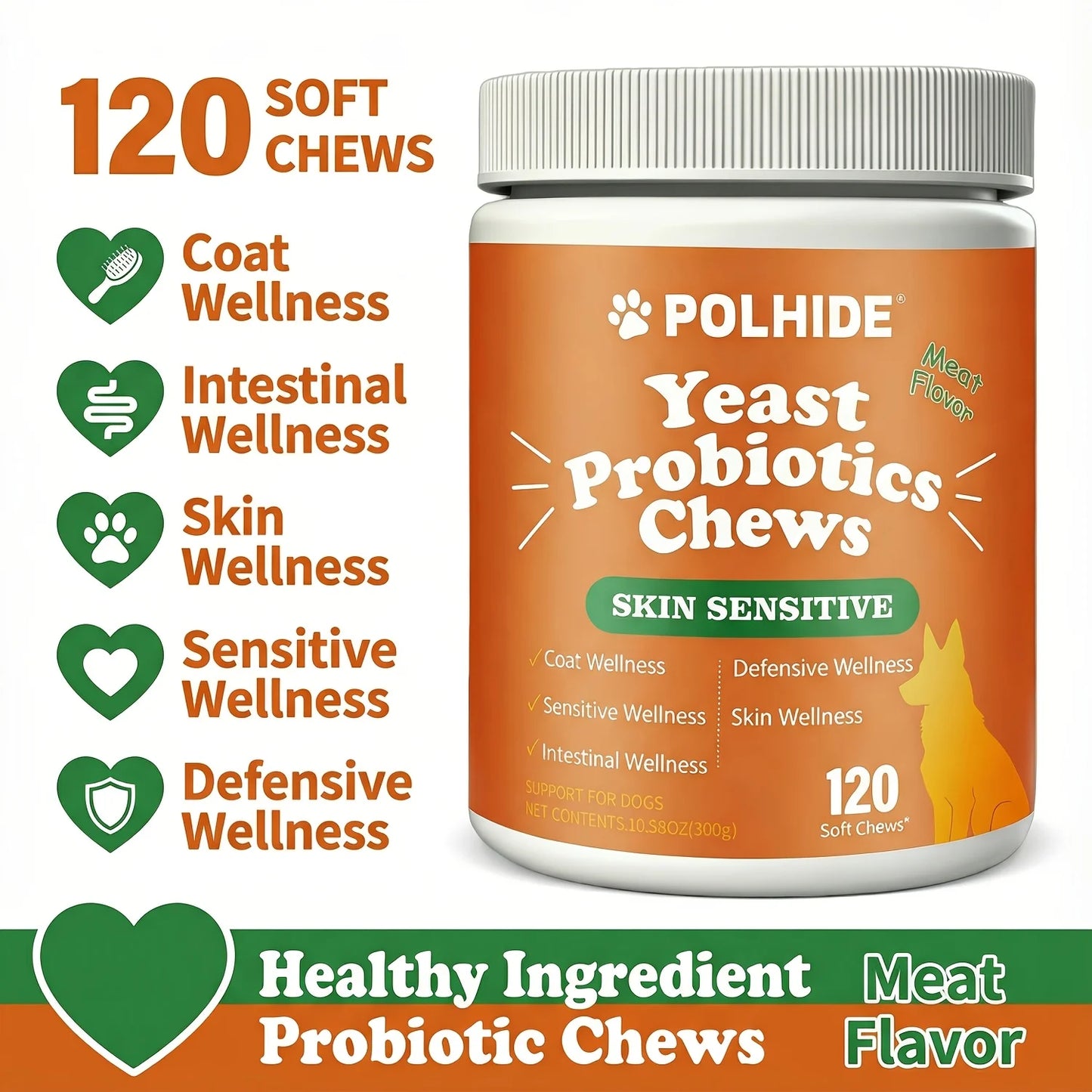 [90 Day Supply]120 Chews Yeast Probiotic For Dogs - Meat Flavor Soft Chews, Coat And Intestinal Health, Sensitive And Defensive Wellness, Pet Probiotic Supplement, All Ages Suitable