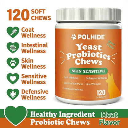[90 Day Supply]120 Chews Yeast Probiotic For Dogs - Meat Flavor Soft Chews, Coat And Intestinal Health, Sensitive And Defensive Wellness, Pet Probiotic Supplement, All Ages Suitable