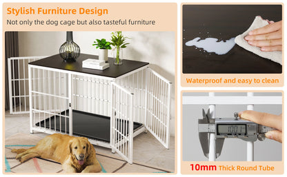 BINGOPAW Dog Crate Furniture Pet Kennel End Table Metal Dog Kennel with Three Doors with Locks and Removable Tray, White/Black