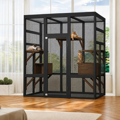 70in Outdoor Catio Cat Enclosure, Large Wooden Cat House With Waterproof UV Roof, 5 Platforms 2 Rest Boxes For Patio Backyard Cats