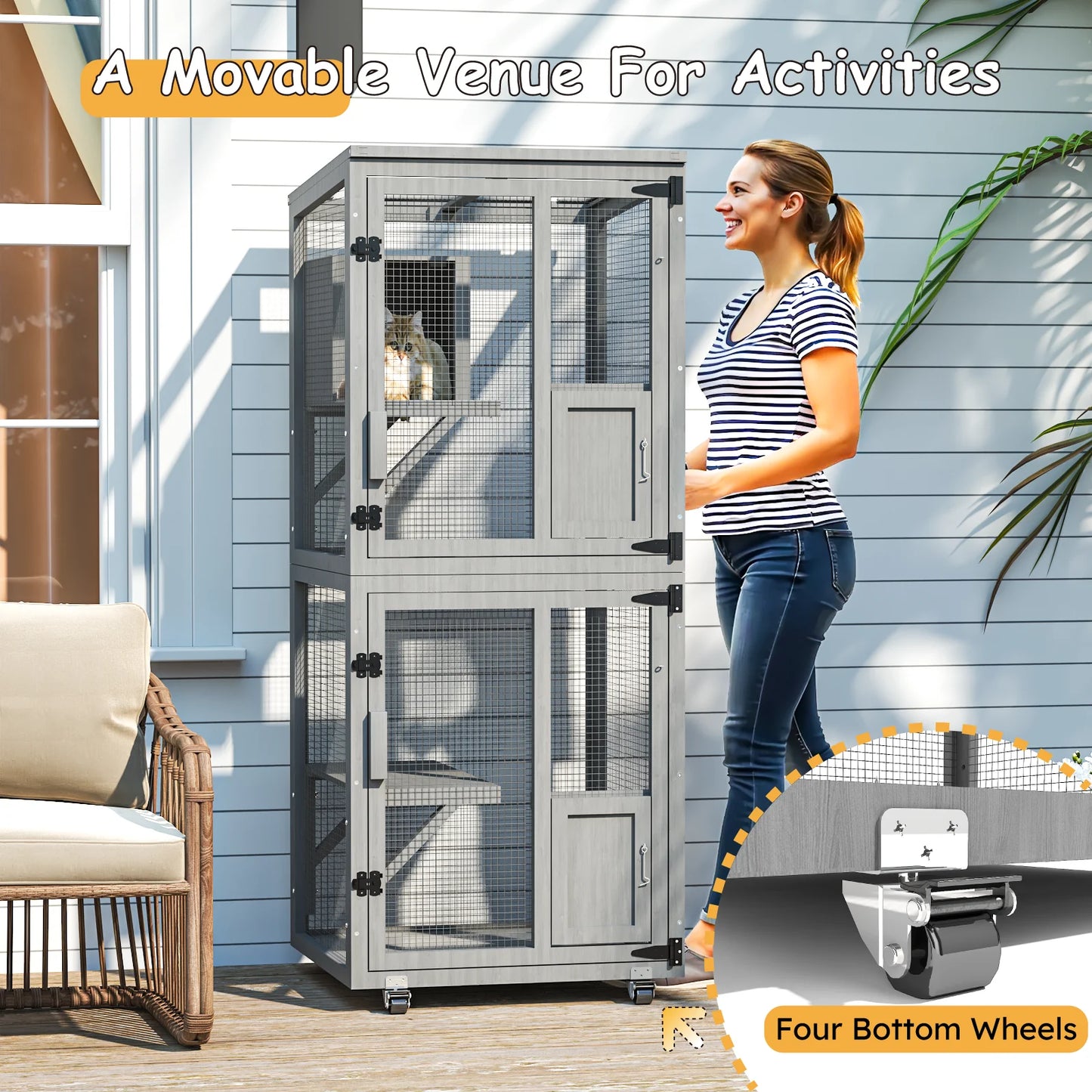4-Tier Outdoor Cat Catio Enclosure, Large Cat Playpen with Wheels,Waterproof Roof,4 Doors & Resting Box,Grey/Black