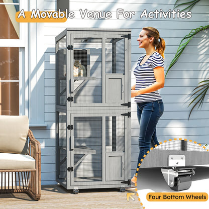 4-Tier Outdoor Cat Catio Enclosure, Large Cat Playpen with Wheels,Waterproof Roof,4 Doors & Resting Box,Grey/Black