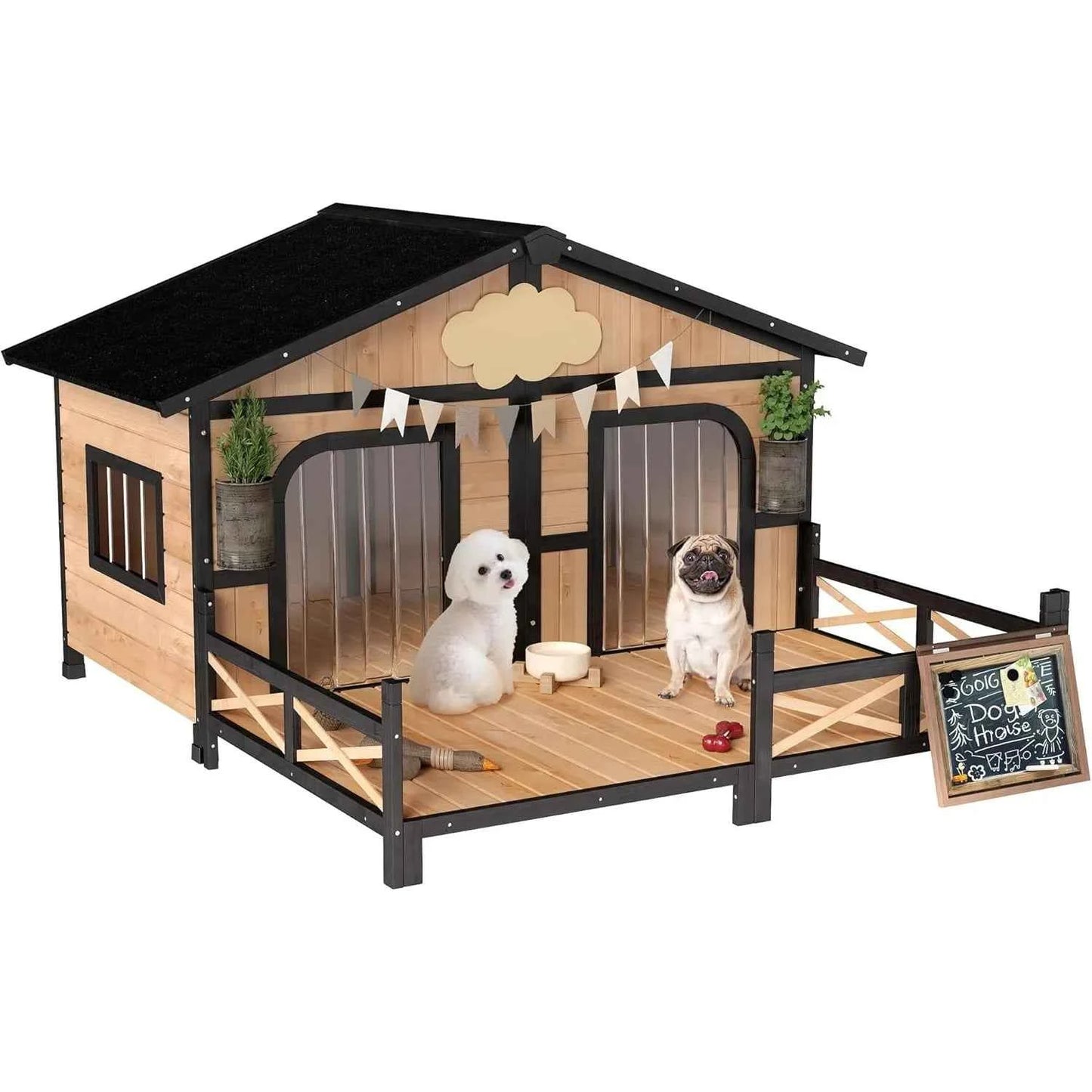 Dog House Outdoor, Wooden Dog Kennel Weatherproof with Porch, Openable Roof, Removable Bottom, Elevated Floor, Double Roo