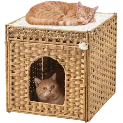 Indoor cat bed: handwoven rattan pet cube with double-sided soft cushions beige extra-large foldable hideaway for living room u