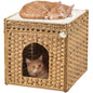 Indoor cat bed: handwoven rattan pet cube with double-sided soft cushions beige extra-large foldable hideaway for living room u