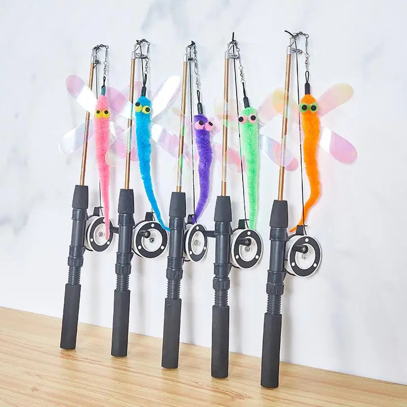1Pc Telescopic Cat Fishing Rod Toy with Fish & Feathers, Interactive Funny Teaser Wand for Kitten Play