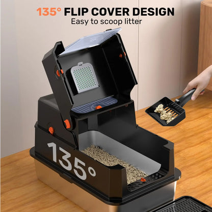 Premium Stainless Steel Enclosed Litter Box with Lid, XL Anti-Leakage Cat Toilet, Flip-Top Odor Control Design, Dual Entry