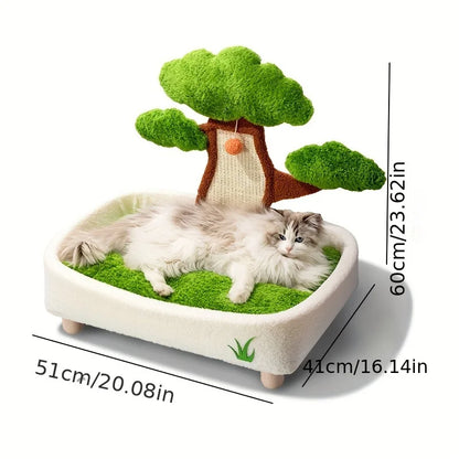 2-in-1 Cat Bed & Scratch Board Combo, Pine Tree Design Pet Furniture with Removable Washable Cushion, All-Season Warm Nest