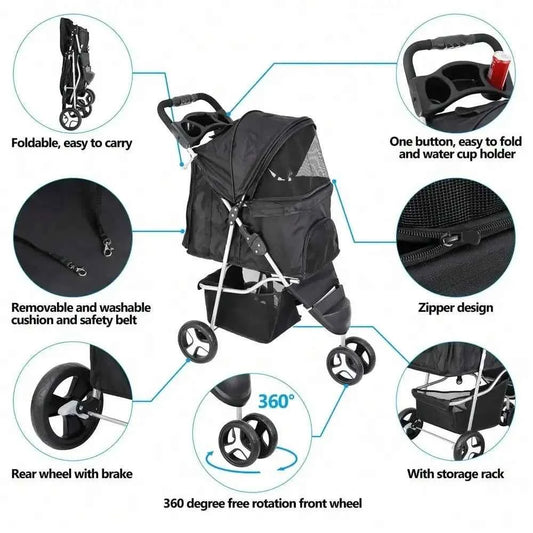 Dog Stroller 3 Wheels Pet Stroller Foldable Dog Cat Carrier Strolling w/Cup Hold