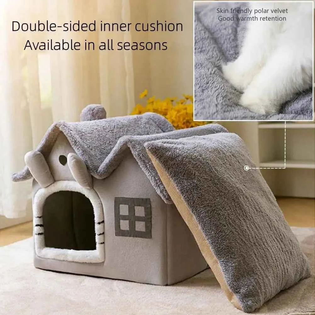 Double Roof Indoor Dog House Cat Nest,Foldable Warm Soft Kennel,30D High Elastic Memory Sponge,Removable Cushion Non-Slip Bottom