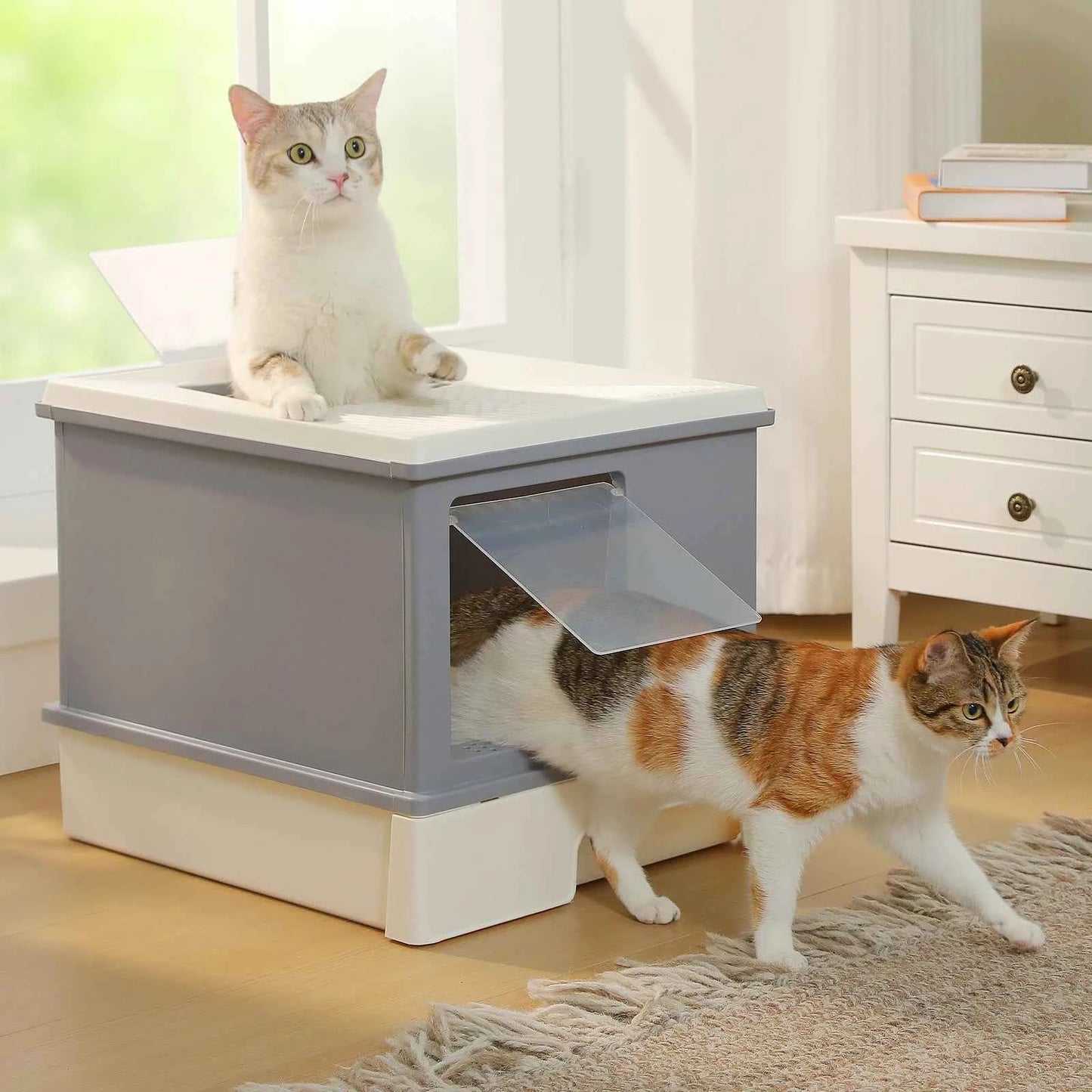 Enclosed Cat Litter Box with Scoop, Large Litter Box for Indoor, Cat Toilet with Lid, Pull-Out Drawer, Top Exit Anti-Tracking