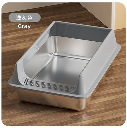 Premium Stainless Steel Cat Litter Box Semi-Enclosed Anti-Splash Cat High Rim Paw Clean Grid Multi Size Kitten Large Cat Toilet