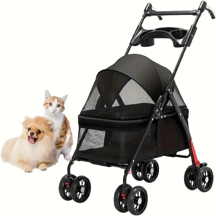 Spacious Pet Stroller for Dogs And Cats, Featuring Foldable Cage, Storage Basket, And Cup Holder Suitable for Small to Medium-Sized Dogs And Cats Four-Wheel Design (Black)