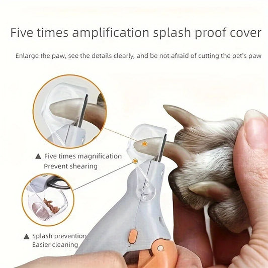 Pet nail trimmer with paw放大倍数 five times, showing paw care process.