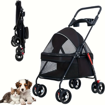 Spacious Pet Stroller for Dogs And Cats, Featuring Foldable Cage, Storage Basket, And Cup Holder Suitable for Small to Medium-Sized Dogs And Cats Four-Wheel Design (Black)