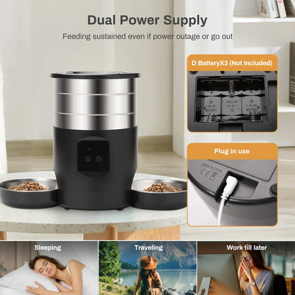 4.5L Intelligent Pet Feeder With Two Stainless Steel Bowls Button & WiFi APP Control Cat/Dogs Timed Food Automatic Dispenser