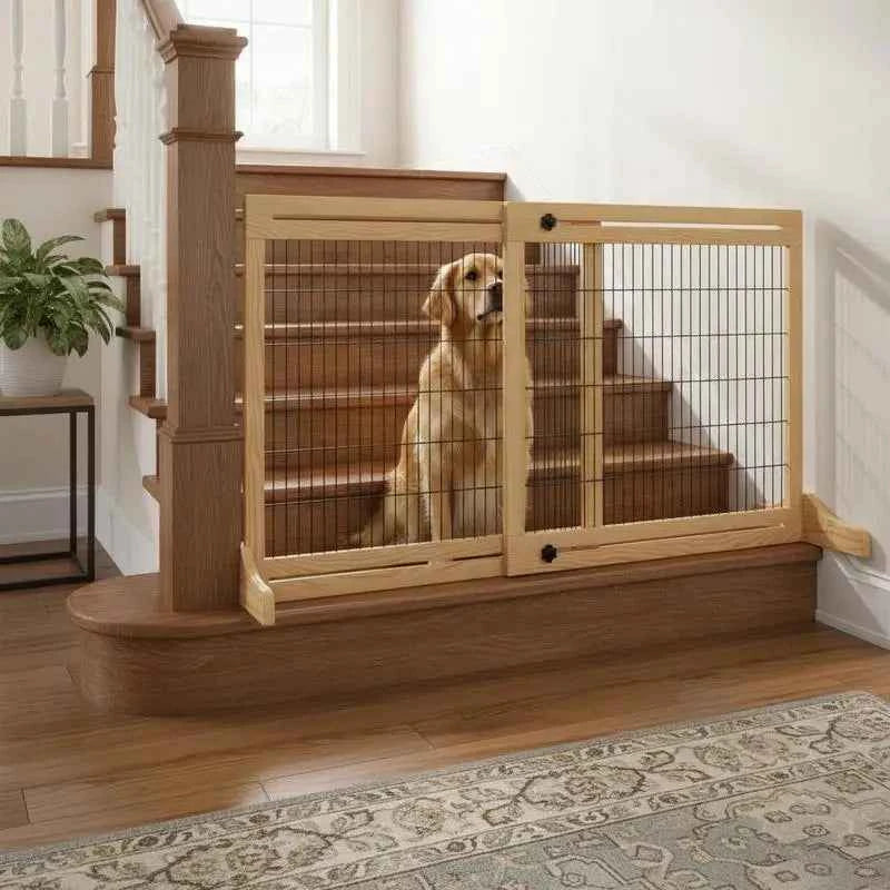Freestanding Dog Gate, Foldable Pet Fence, Indoor Wood Barrier, Stair Gate with Support Feet, for Doorway, Hallway, Small and Medium Dogs, 69H x 104-183 cm, Natural Wood Finish
