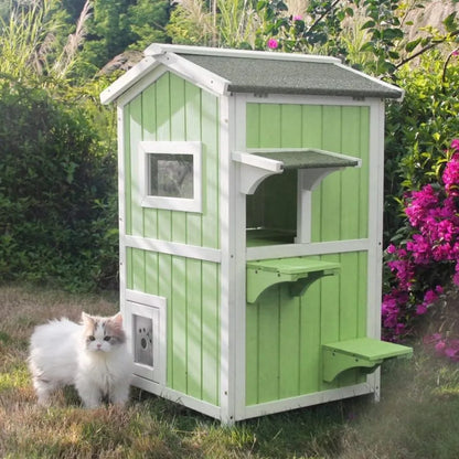 Weatherproof Two-Story Wooden Outdoor Feral Cat House with Openable Roof and Escape Door