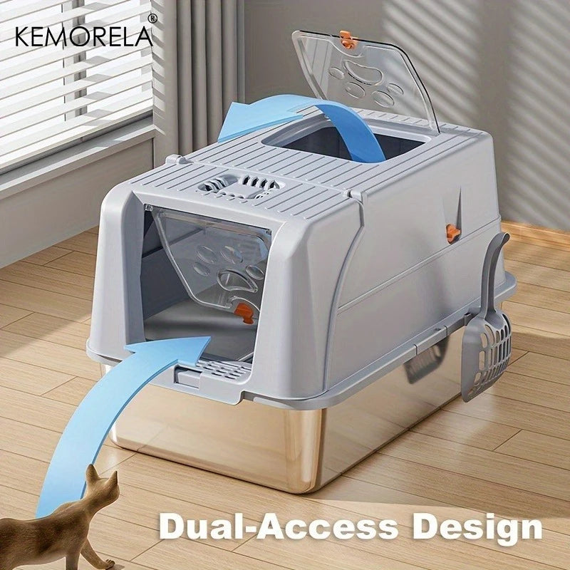 Extra Large Stainless Steel Cat Litter Box Convertible to Fully or Semi-Enclosed Detachable Flip Cover with Pedal &Scoop,for Cat