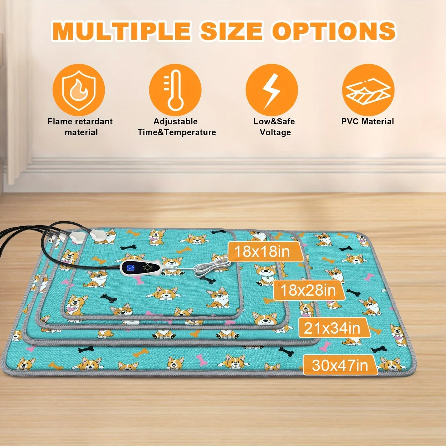 Dog Heating mat, Heating dog bed with Digital Display Switch, Pet Warming Mat with Machine-washable cover, Indoor Dog heating pad, Chew-resistant cord, Blue Dog Design. JUYHGV