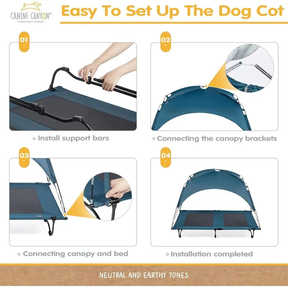 Large 47 Dog Cot with Removable Canopy, Elevated Cooling Bed for Big Dogs, Washable Mesh, Indoor/Outdoor Pet Bed