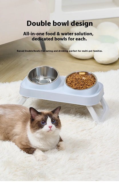 Stainless Steel Foldable Pet Bowl Double Dish - Elevated Feeder with Neck Support Anti-Tip Design for Cats Dogs