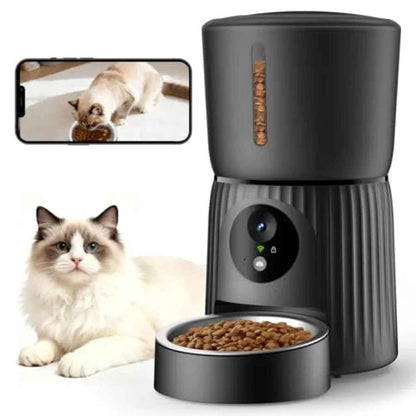 Automatic cat feeder with camera for home use ABS plastic black 1080P HD video with night vision 5G WiFi APP control 2-way audi