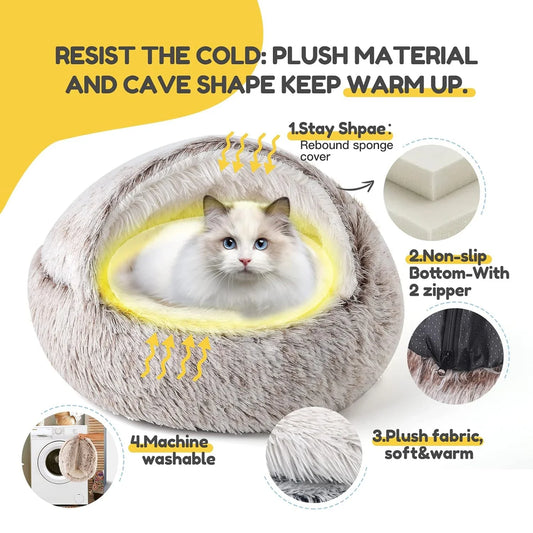 Round Plush Cat Bed Deep Sleep Bed for Cats Winter Warm Dog House Cushion Luxury Long Plush Kitten Puppy Sleeping Sofa Nest