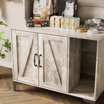 Rustic Farmhouse Hidden Cat Litter Box Enclosure 4-Tier Storage Shelves & 2 Cabinets Wood Cat Washroom Furniture For Indoor Use