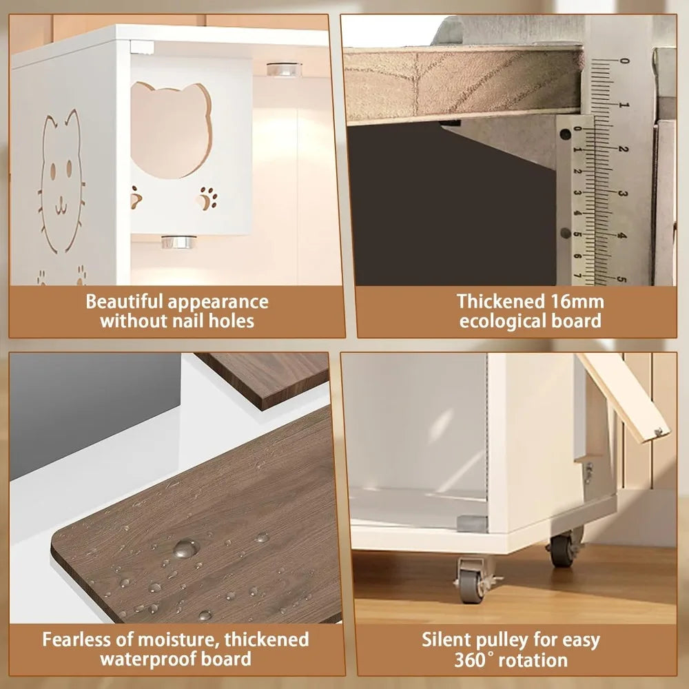 Large Wooden Cat House, Indoor Cat Condo Enclosed, Multi-Feature Luxury Cat Villa with Wheels Scratching Post, Wooden Cattery