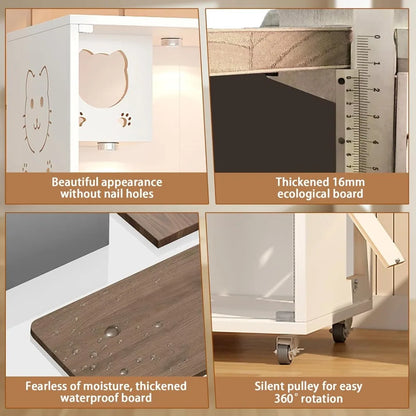 Large Wooden Cat House, Indoor Cat Condo Enclosed, Multi-Feature Luxury Cat Villa with Wheels Scratching Post, Wooden Cattery