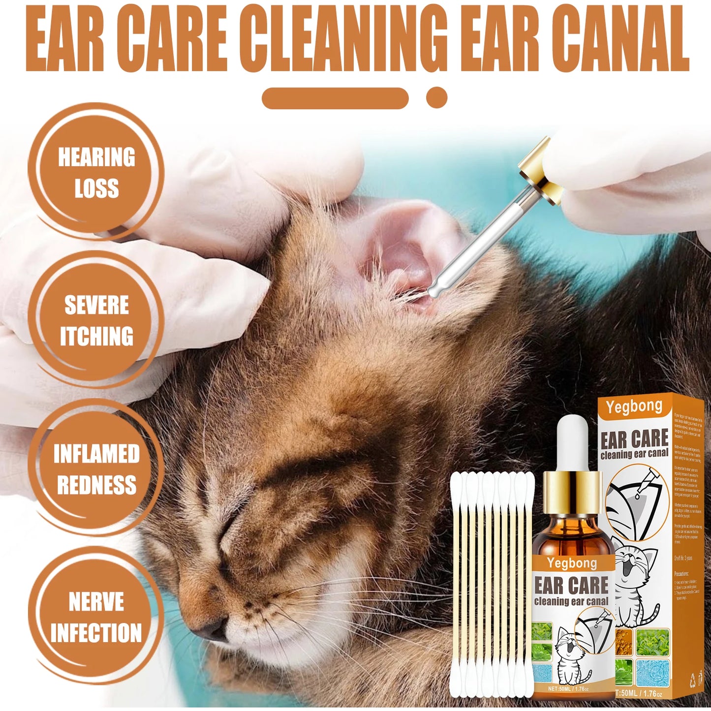 YEGBONG 2set Pet Ear Care Kit with Mite Control Itch Relief Hypoallergenic Cleaning Solution Cotton Swabs for Dogs and Cats Ear