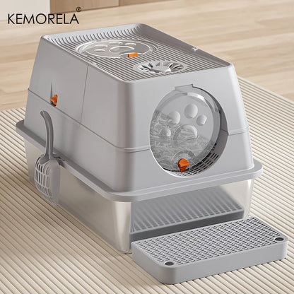KEMORELA Stainless Steel Cat Litter Box XLExtra Large Litter Box for Big Cats Enclosed Removable with High Sided Enclosure Scoop