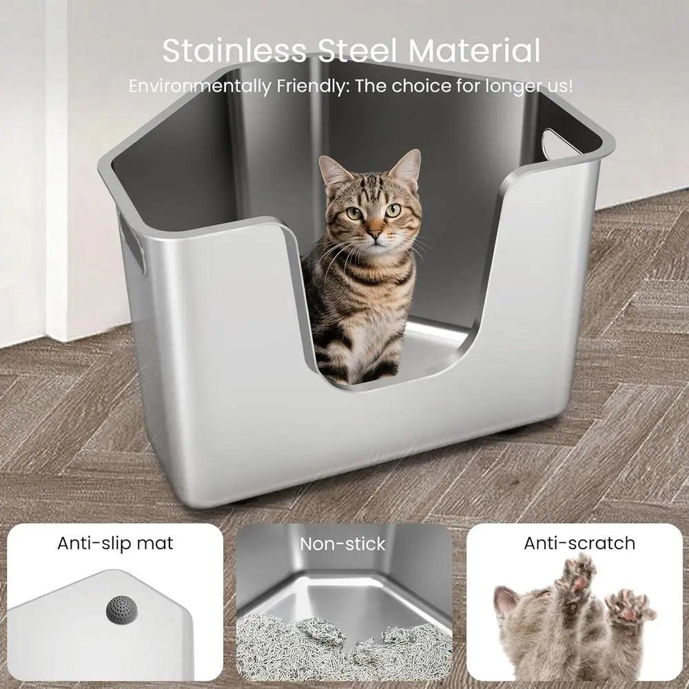 Corner Metal Cat Litter Box with High Sides, One-Piece Design, Easy Clean, Non-Stick, Odor-Free for Small to Medium Cats