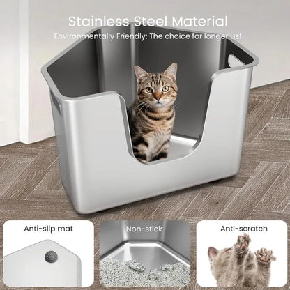 Corner Metal Cat Litter Box with High Sides, One-Piece Design, Easy Clean, Non-Stick, Odor-Free for Small to Medium Cats