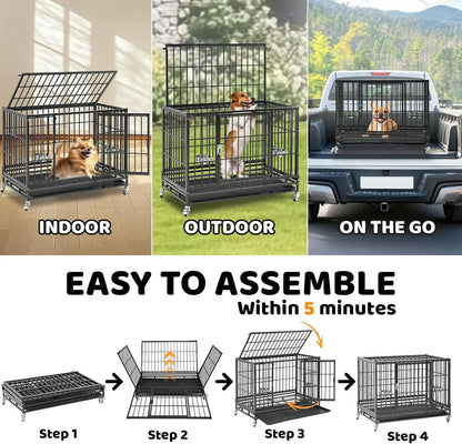 37' Stackable Heavy Duty Dog Crate, Escape Proof Kennel with Lockable Wheels, Removable Tray & Metal Grid for Medium/Small Dogs