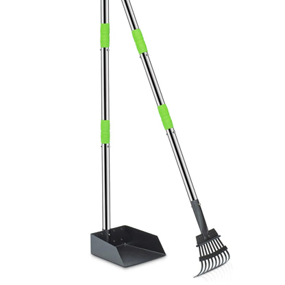 Dog Pooper Scooper, Dog Poop Tray and Rake Set, Pet Waste Removal Scoop with Long Adjustable Sectional Stainless Handles