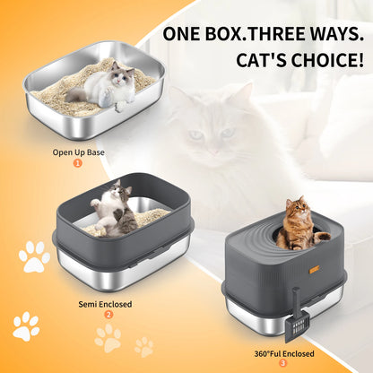 Top-Entry Oval Stainless Steel Cat Litter Box with Lid, XL Extra Large Enclosed Metal Cat Litter Box with Removable Lid and Cat Litter Scoop, Odor-Free, Easy to Clean, Prevents Large Cats from Leaking Urine - Gray